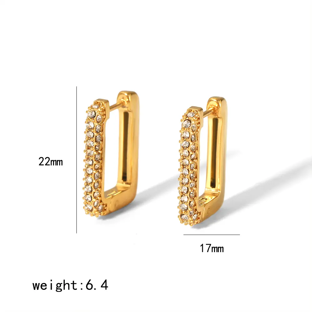 1 paire de boucles d'oreilles rectangulaires simples de style classique en acier inoxydable plaqué or 18 carats avec zircone cubique pour femmes h5 Image2